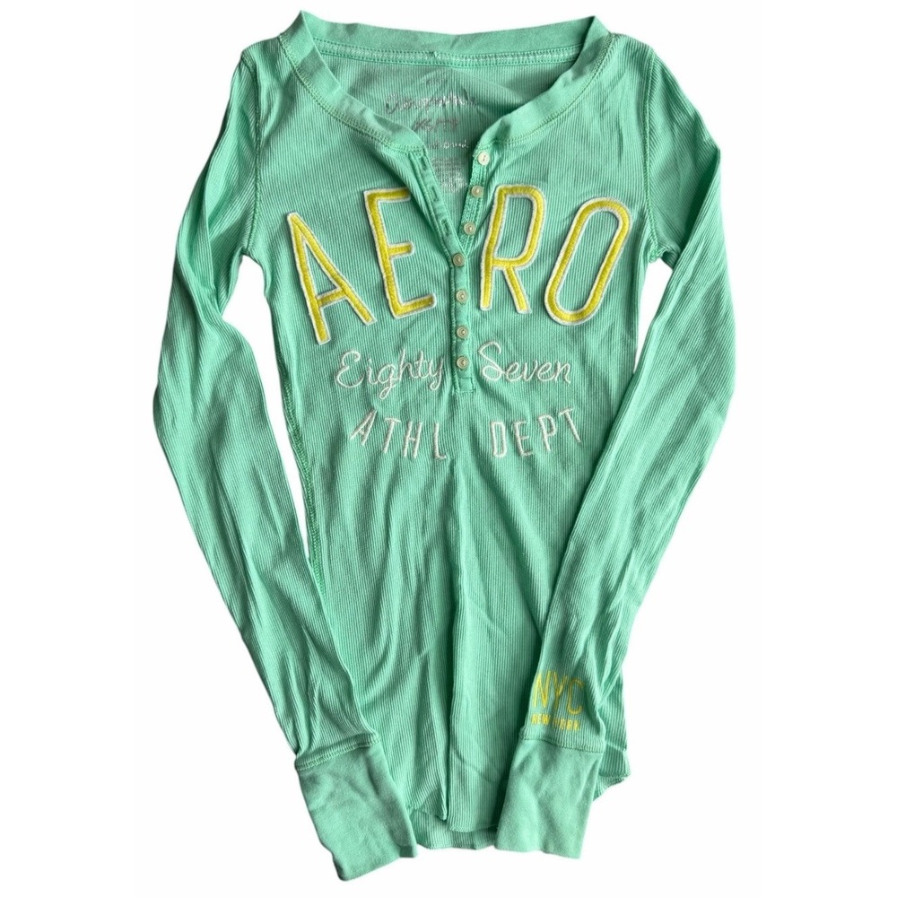 Aeropostale Aero 87 Ribbed Henley Long Sleeve Top Mint Green XS/TP